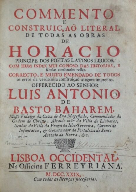 Commento e Construiçaõ literal de todas as obras de Horacio principe dos poetas latinos liricos
