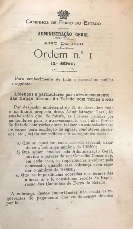 Caminhos de Ferro do Estado - Administração Geral - Ano de 1926 - Ordem n.º 1 (2.ª série) a Ano de 1927 - Ordem n.º 20 (2.ª série)